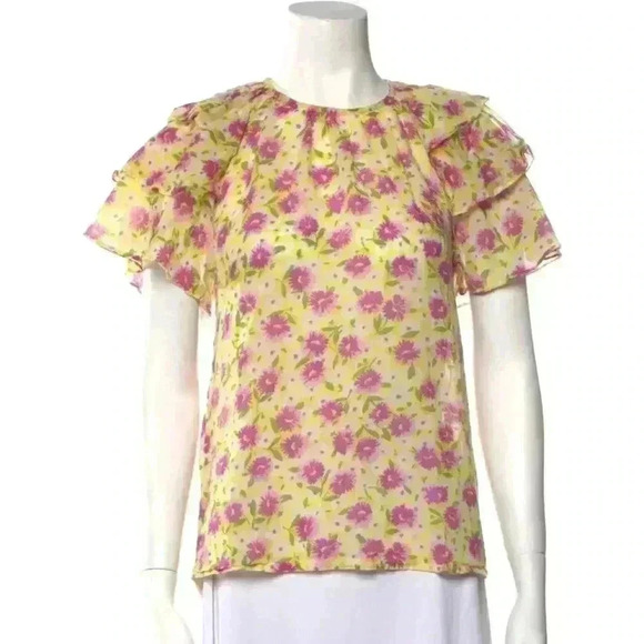 Banjanan Andrea pink yellow ruffle sleeve floral top size medium - Picture 1 of 6